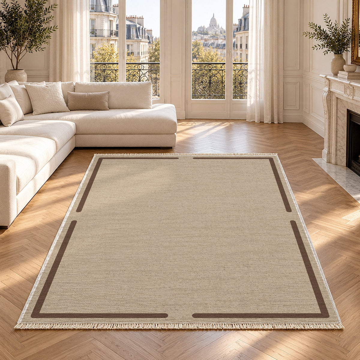 Broken Frame Oat & Cocoa washable rug in a Paris living room