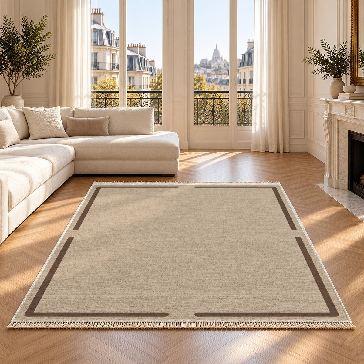 Broken Frame Oat & Cocoa washable rug on an oak floor
