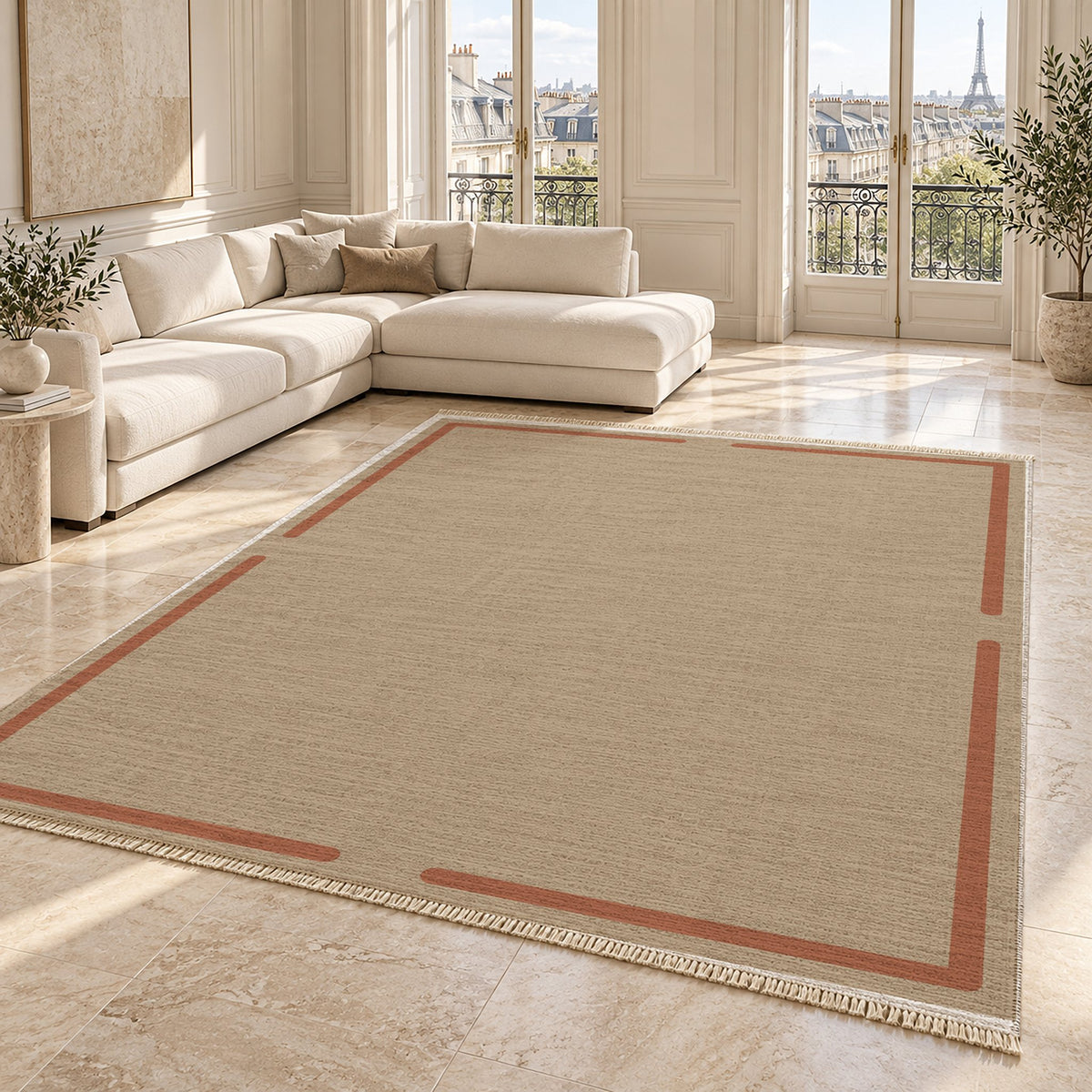 Broken Frame Sand & Terracotta washable rug angled room view on marble