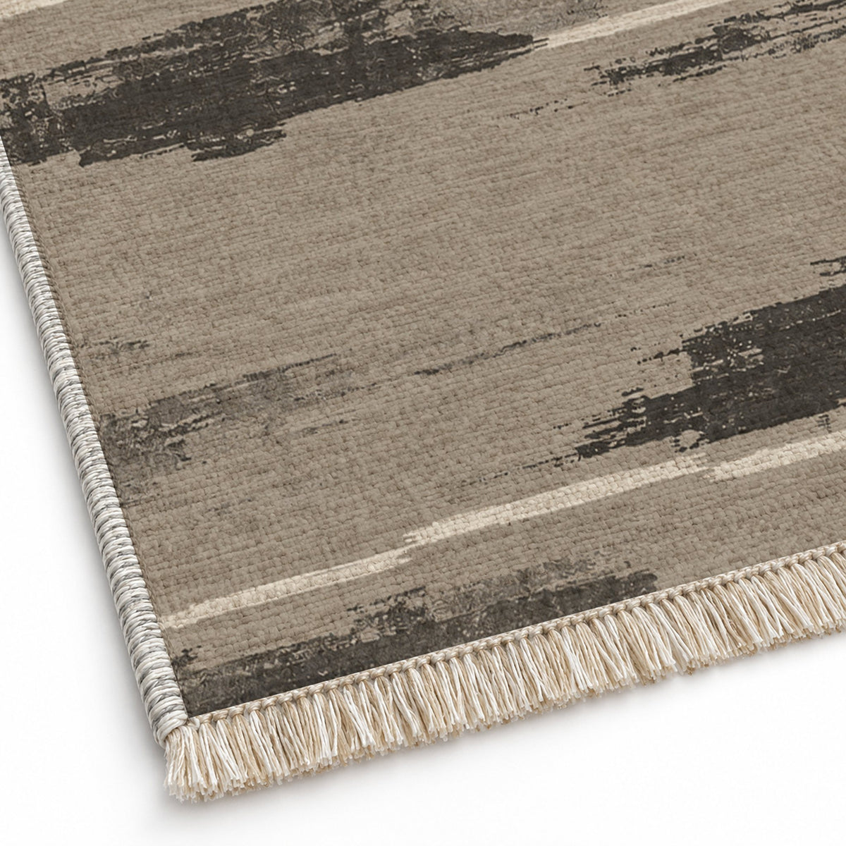 Broken Horizon Greige & Charcoal washable rug close-up of the printed chenille