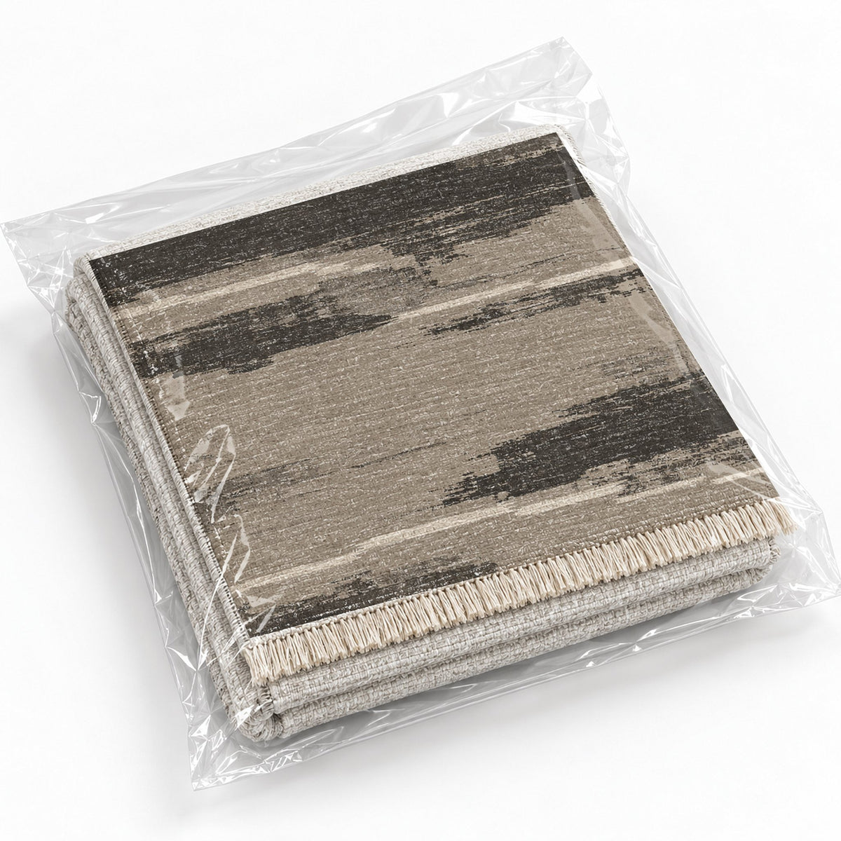 Broken Horizon Greige & Charcoal washable rug rolled and packaged