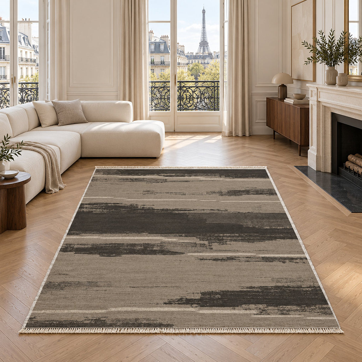 Broken Horizon Greige & Charcoal washable rug in a living room with an Eiffel Tower view