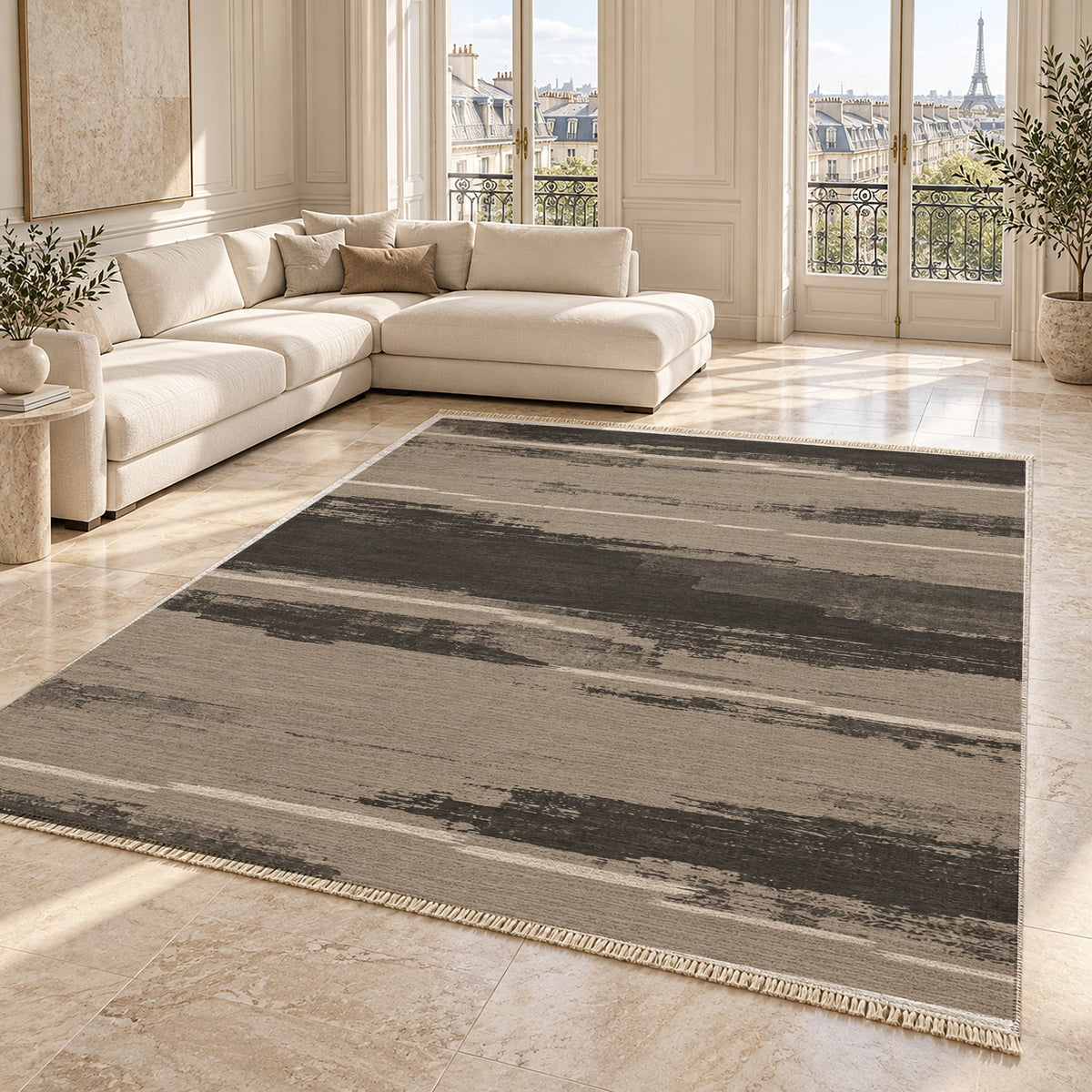 Broken Horizon Greige & Charcoal washable rug angled room view on marble