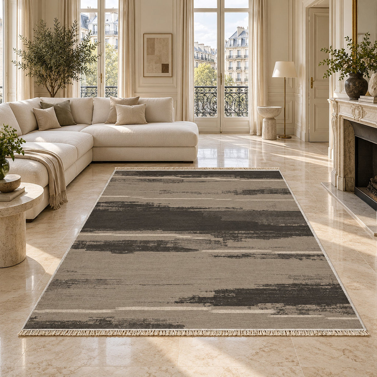 Broken Horizon Greige & Charcoal washable rug on a marble floor