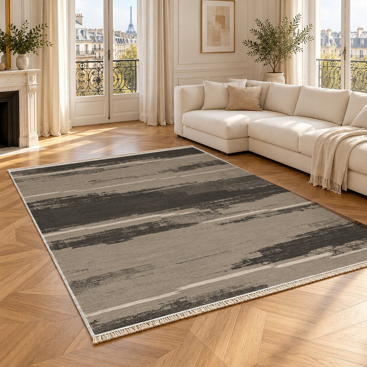 Broken Horizon Greige & Charcoal washable rug angled room view