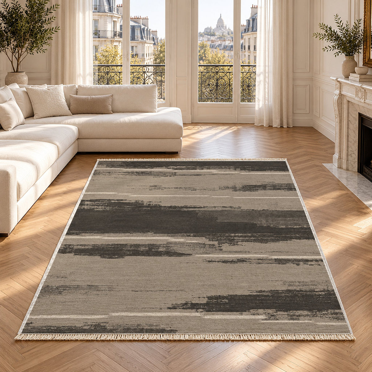 Broken Horizon Greige & Charcoal washable rug in a Paris living room