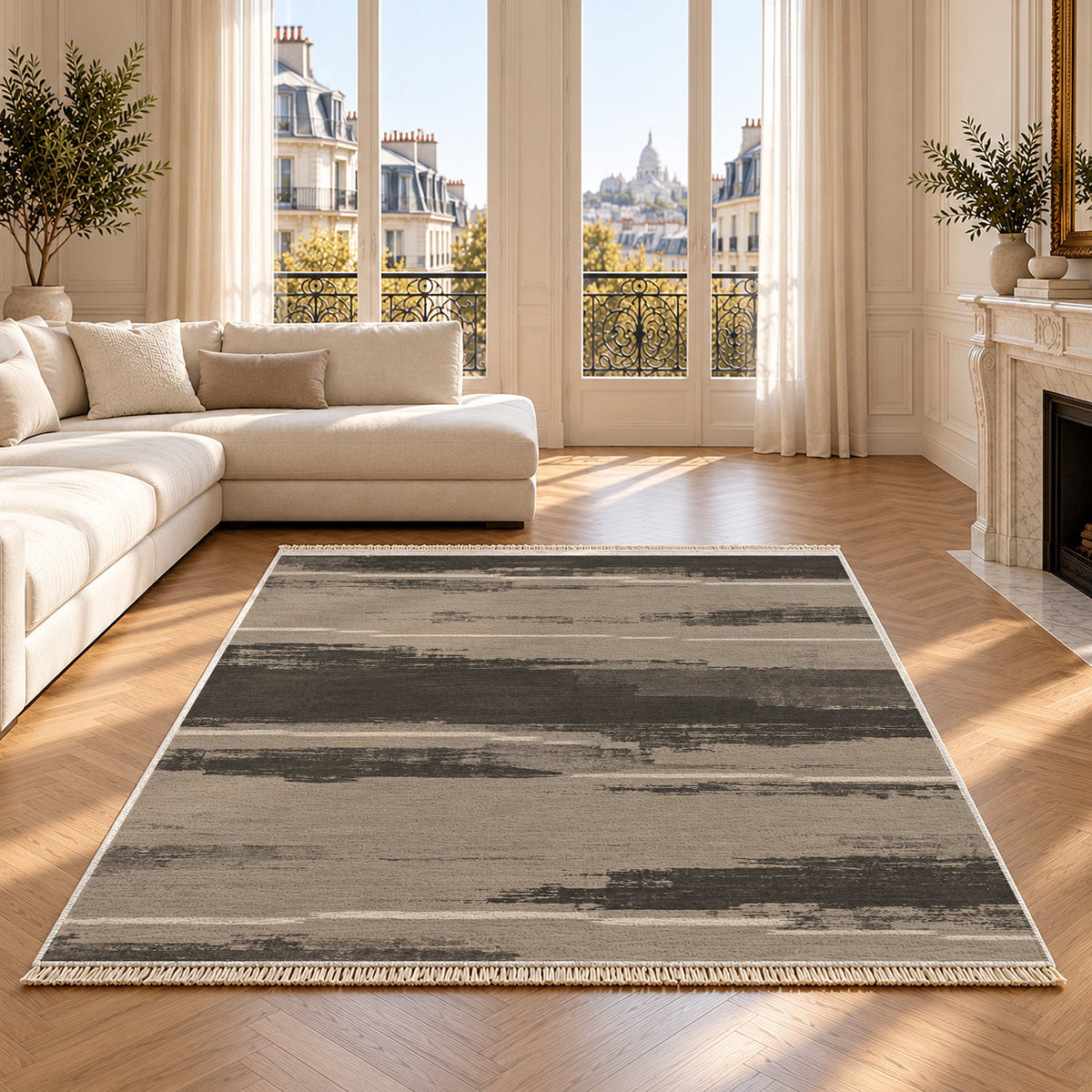 Broken Horizon Greige & Charcoal washable rug on an oak floor