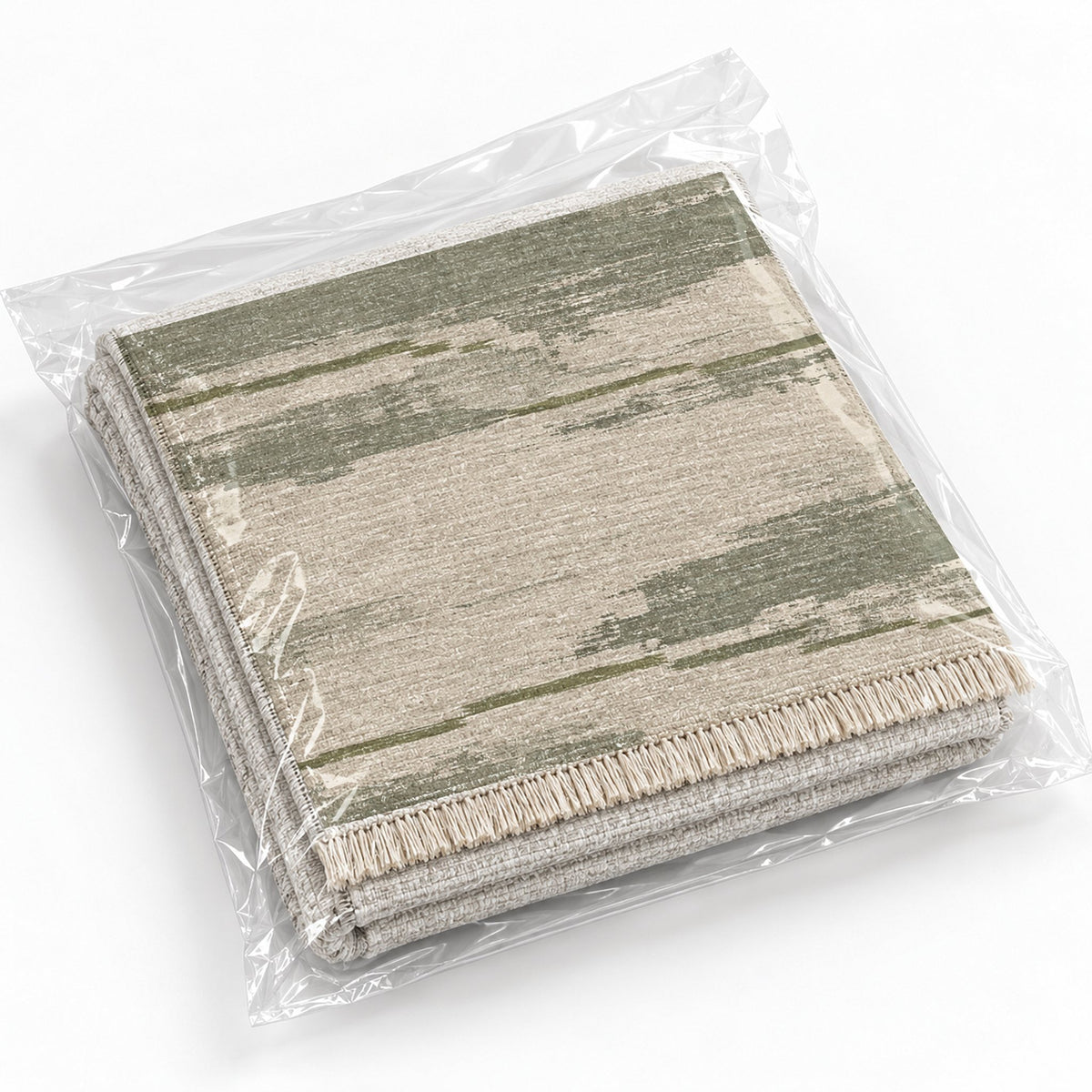 Broken Horizon Ivory & Sage washable rug rolled and packaged