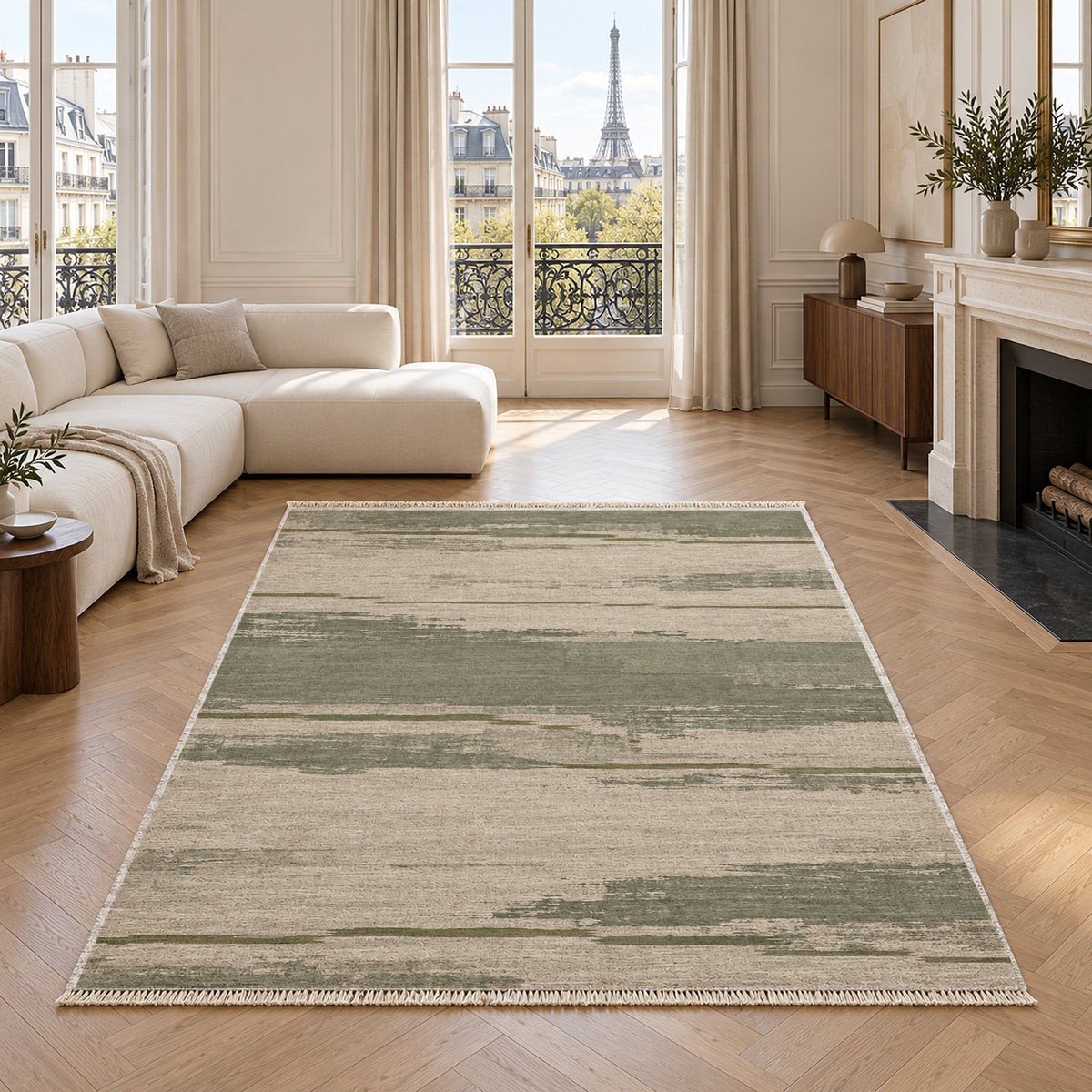 Broken Horizon Ivory & Sage washable rug in a living room with an Eiffel Tower view