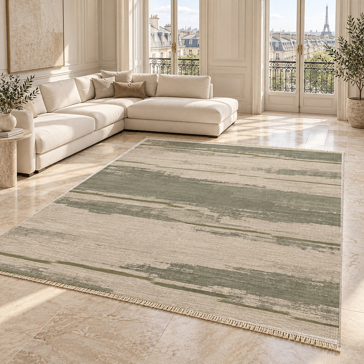 Broken Horizon Ivory & Sage washable rug angled room view on marble