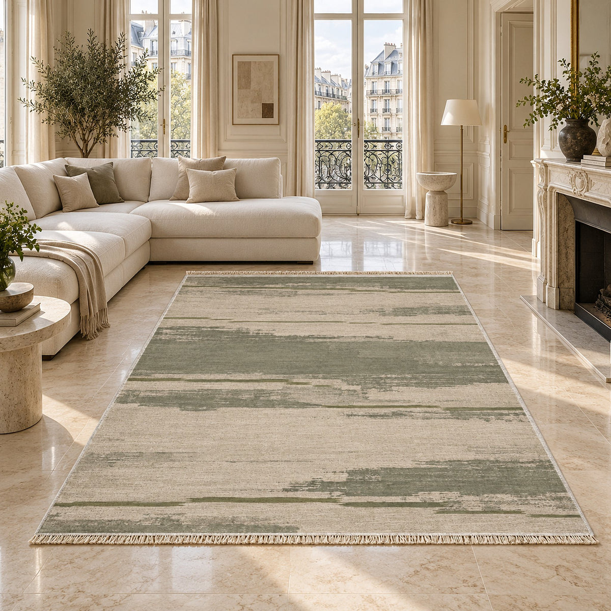 Broken Horizon Ivory & Sage washable rug on a marble floor