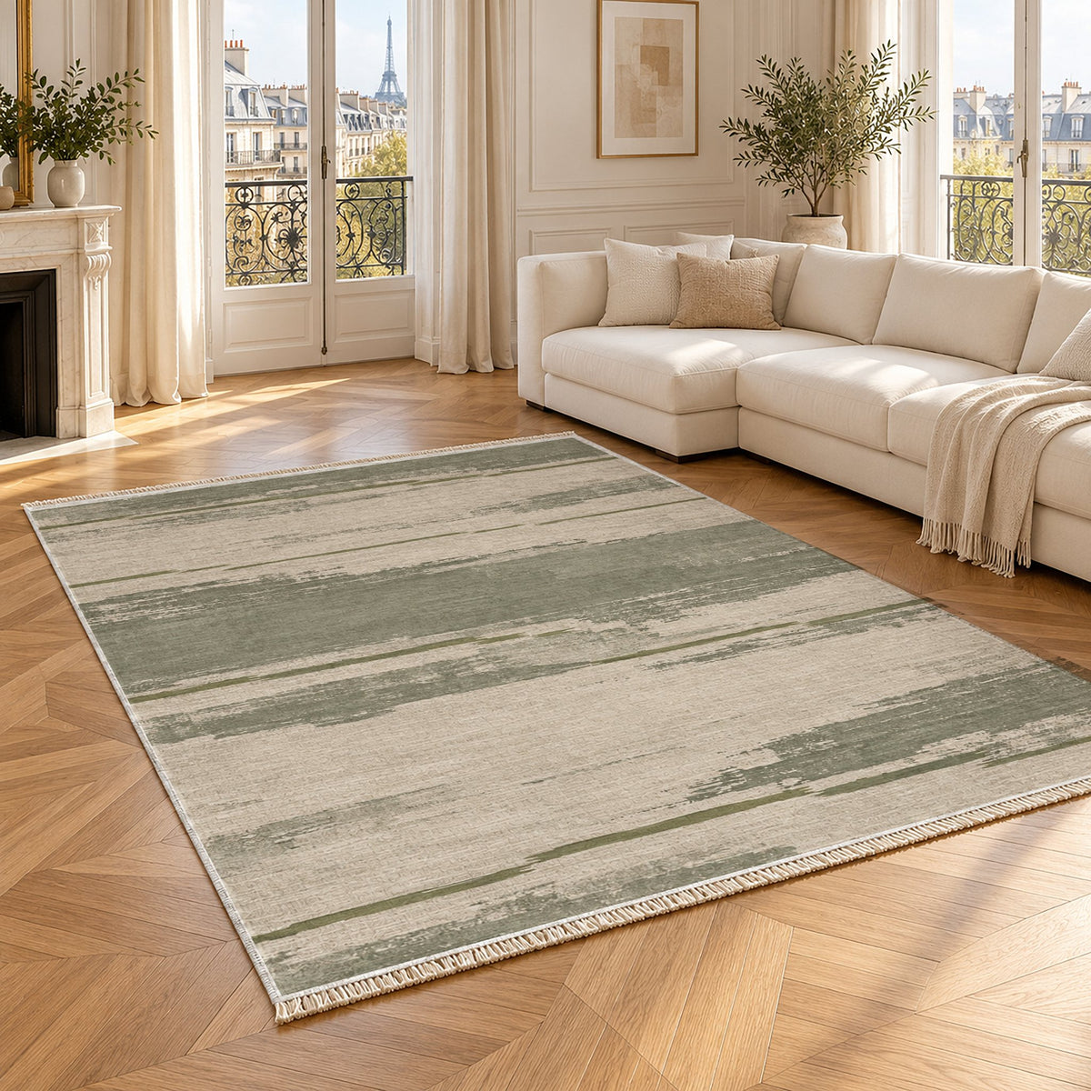 Broken Horizon Ivory & Sage washable rug angled room view