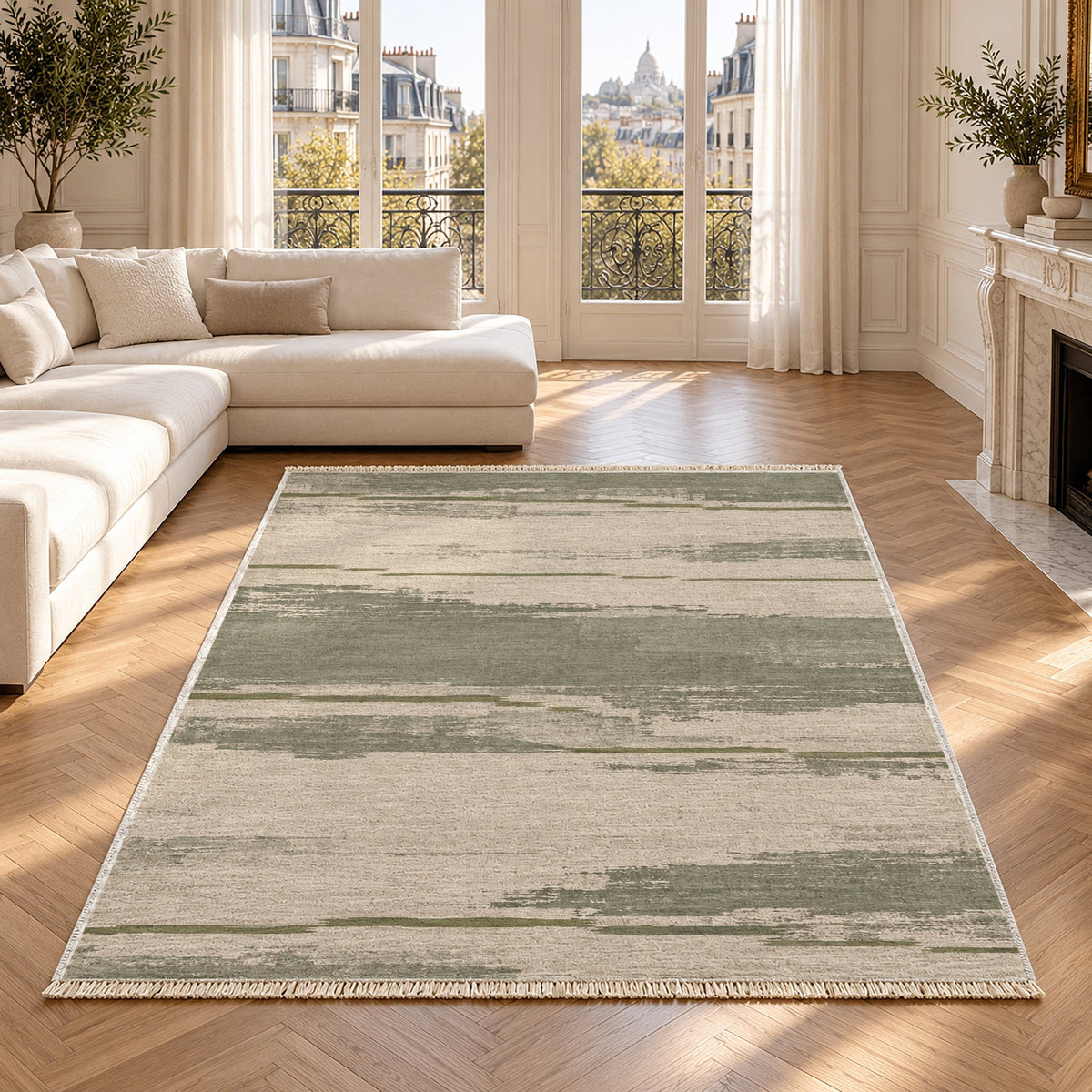Broken Horizon Ivory & Sage washable rug in a Paris living room