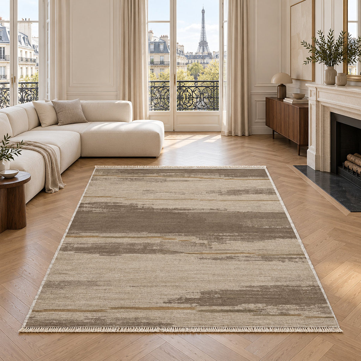 Broken Horizon Ivory & Taupe washable rug in a living room with an Eiffel Tower view