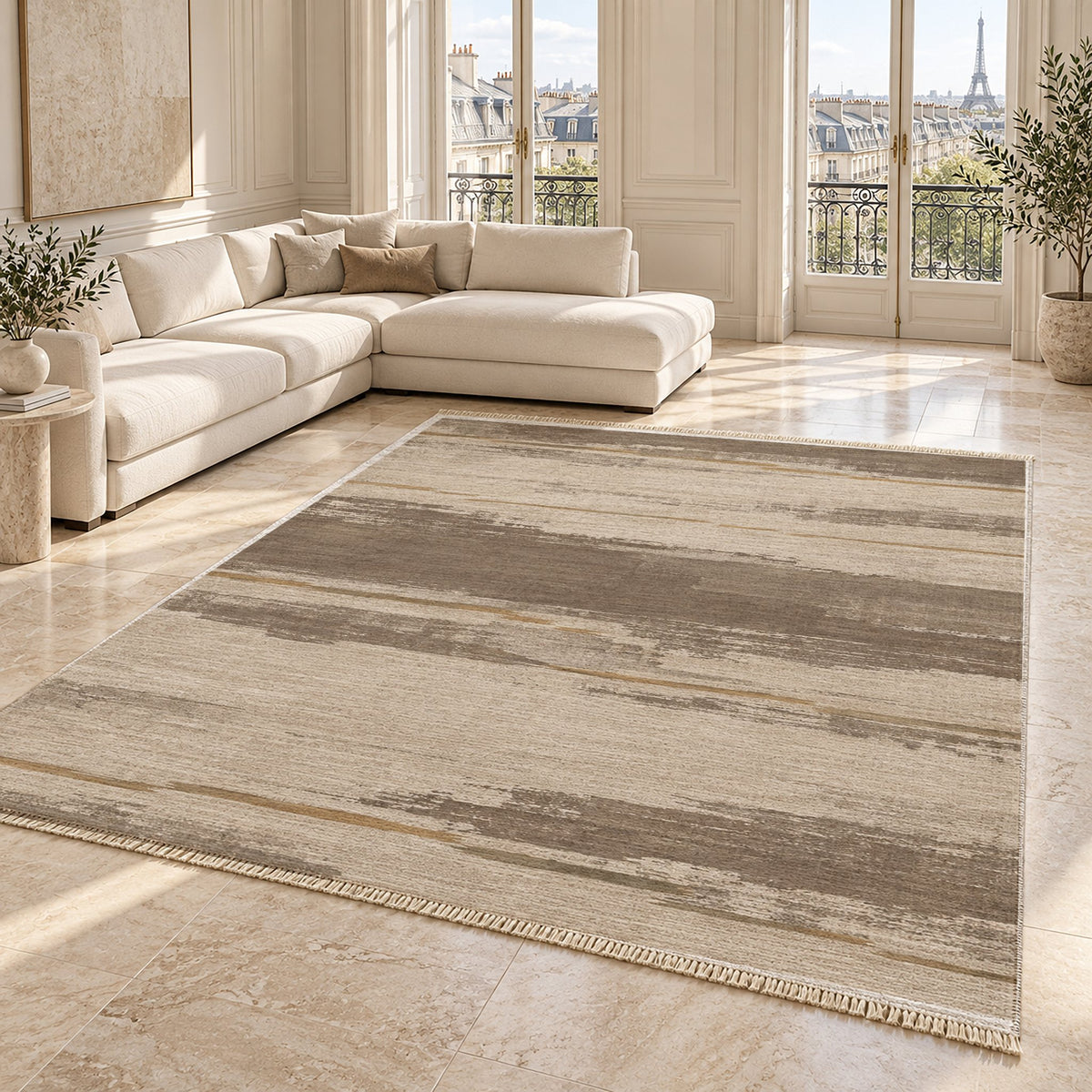Broken Horizon Ivory & Taupe washable rug angled room view on marble