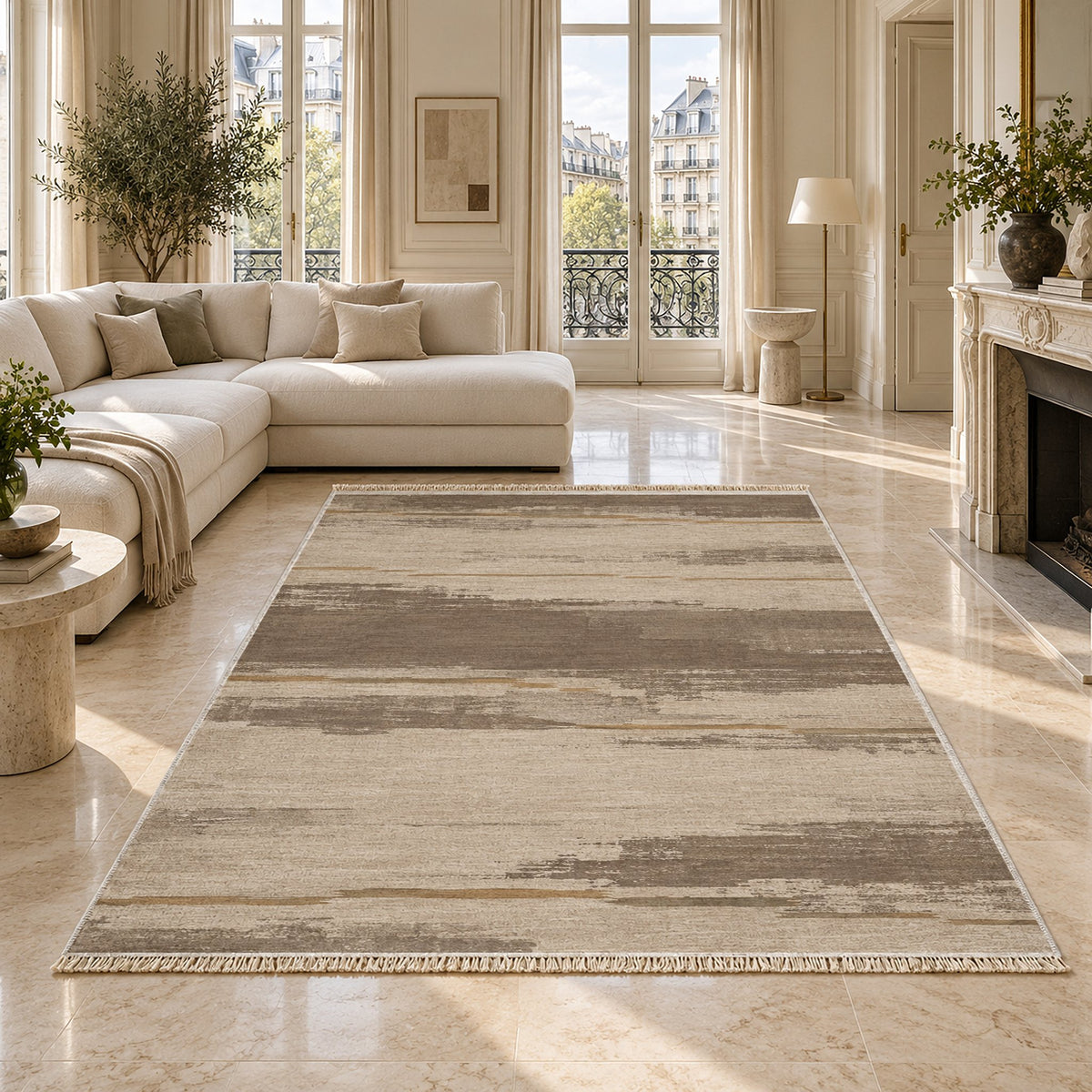 Broken Horizon Ivory & Taupe washable rug on a marble floor