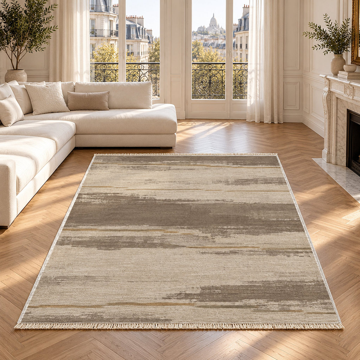 Broken Horizon Ivory & Taupe washable rug in a Paris living room