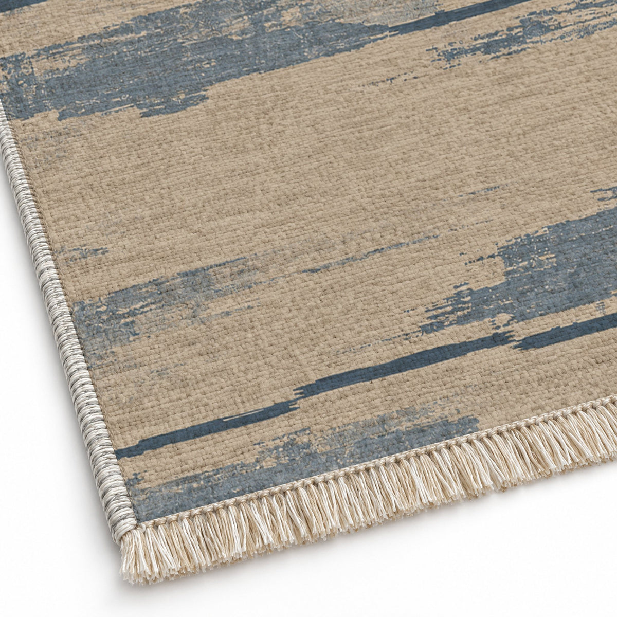 Broken Horizon Oat & Dusty Blue washable rug close-up of the printed chenille