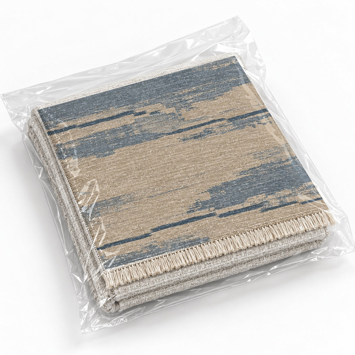 Broken Horizon Oat & Dusty Blue washable rug rolled and packaged