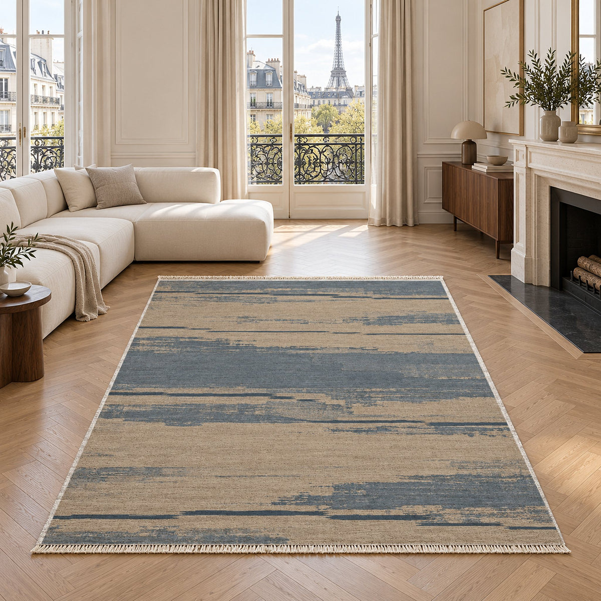 Broken Horizon Oat & Dusty Blue washable rug in a living room with an Eiffel Tower view