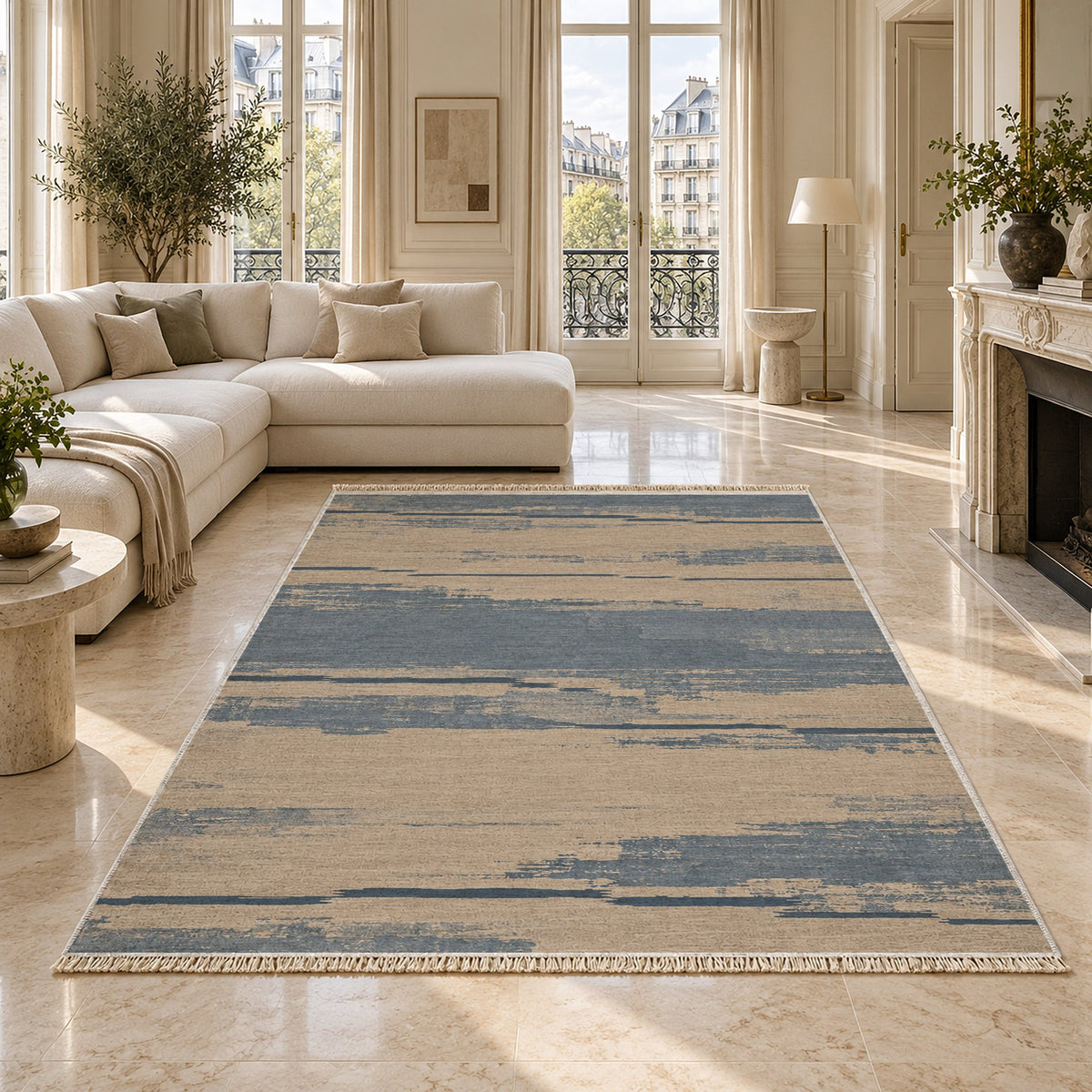 Broken Horizon Oat & Dusty Blue washable rug on a marble floor
