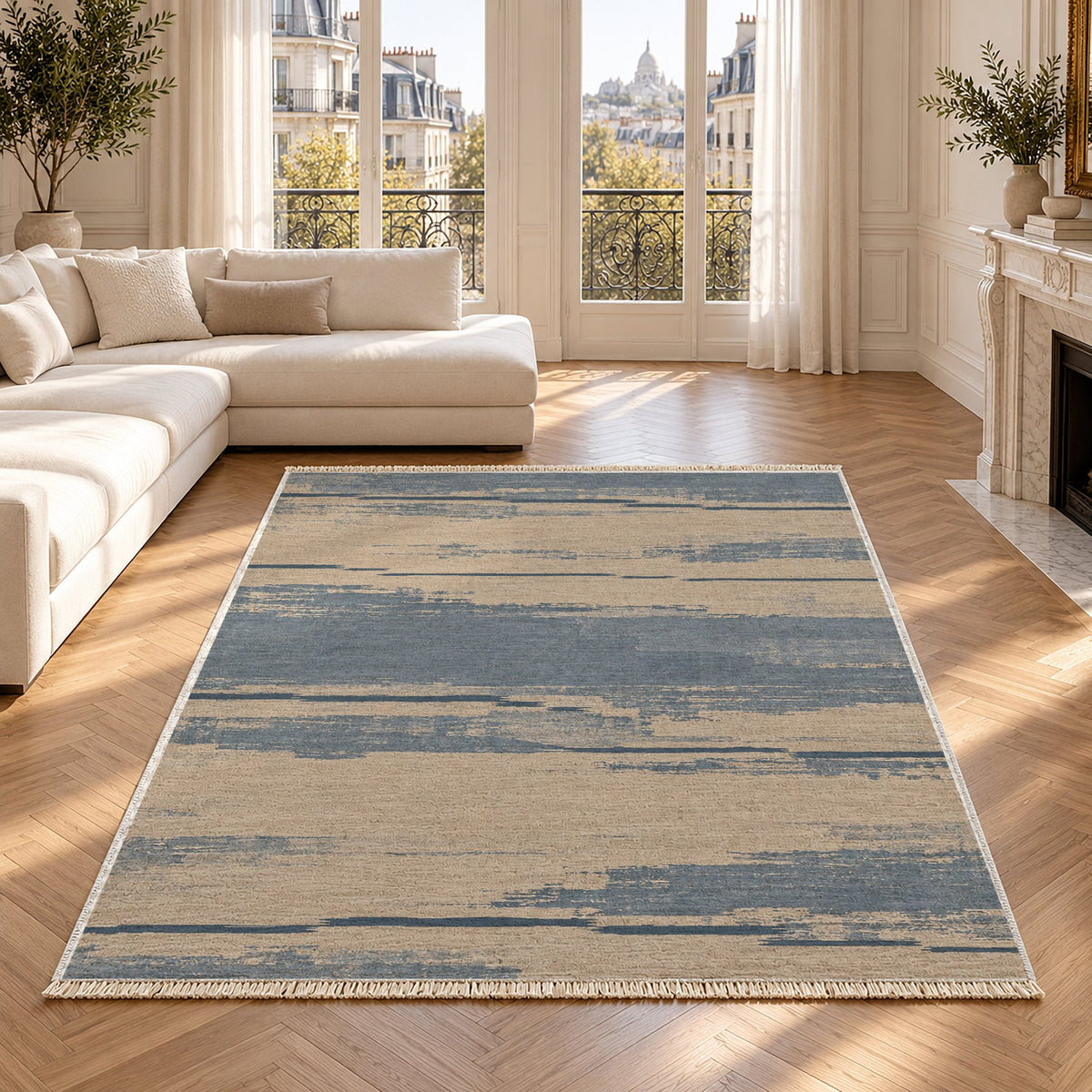 Broken Horizon Oat & Dusty Blue washable rug in a Paris living room