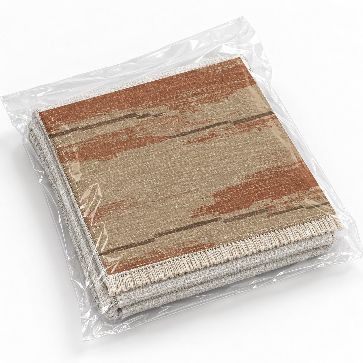 Broken Horizon Sand & Terracotta washable rug rolled and packaged