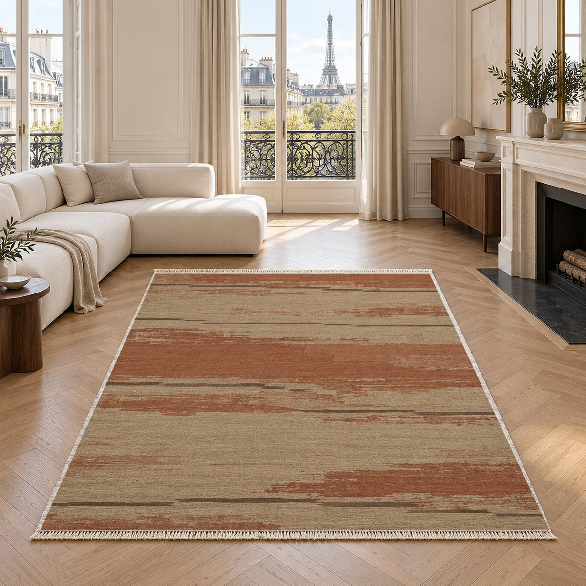 Broken Horizon Sand & Terracotta washable rug in a living room with an Eiffel Tower view