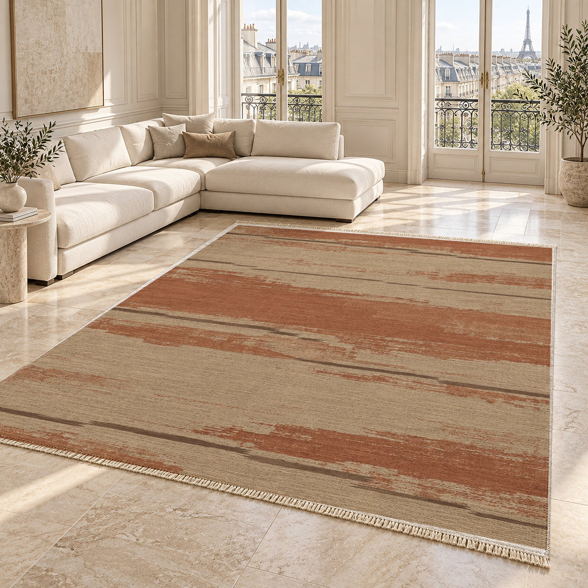 Broken Horizon Sand & Terracotta washable rug angled room view on marble