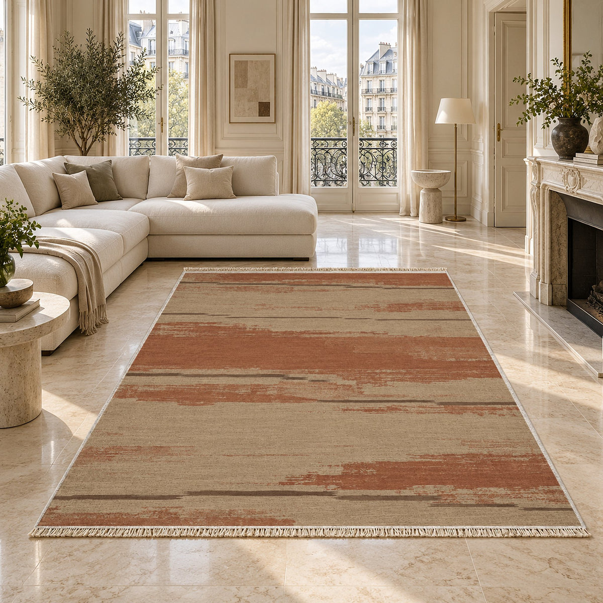 Broken Horizon Sand & Terracotta washable rug on a marble floor
