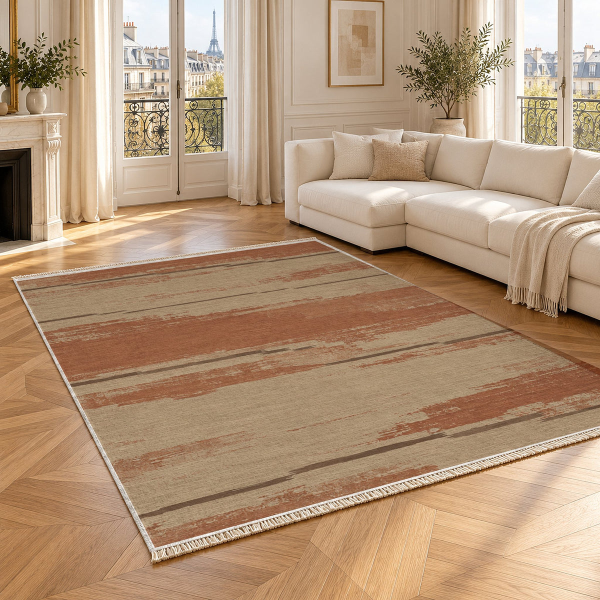 Broken Horizon Sand & Terracotta washable rug angled room view