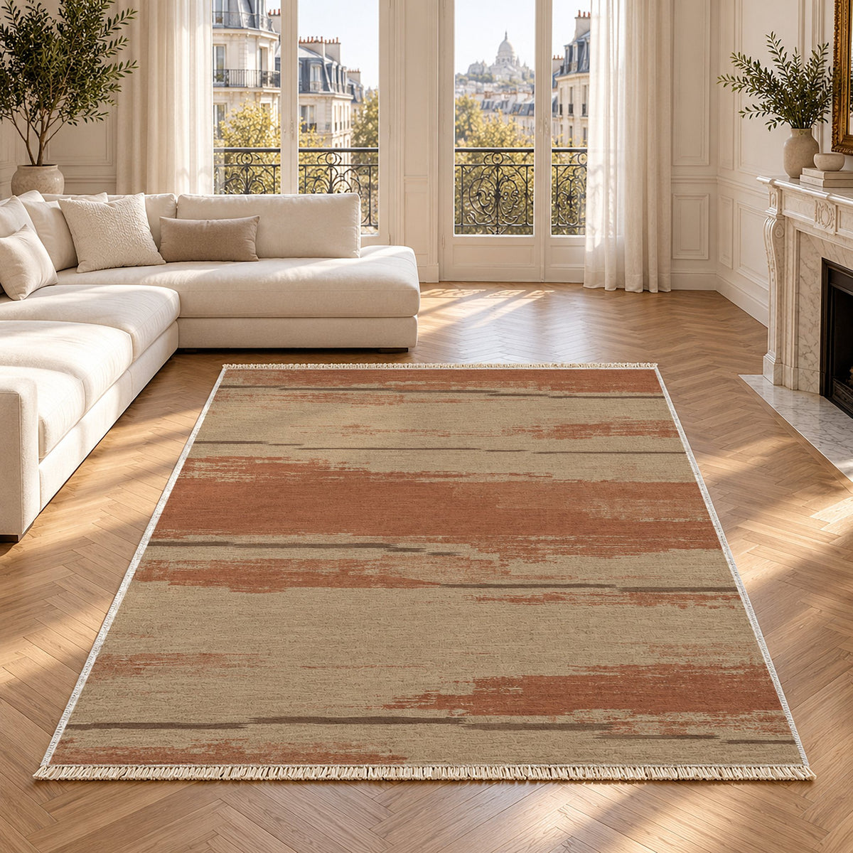Broken Horizon Sand & Terracotta washable rug in a Paris living room