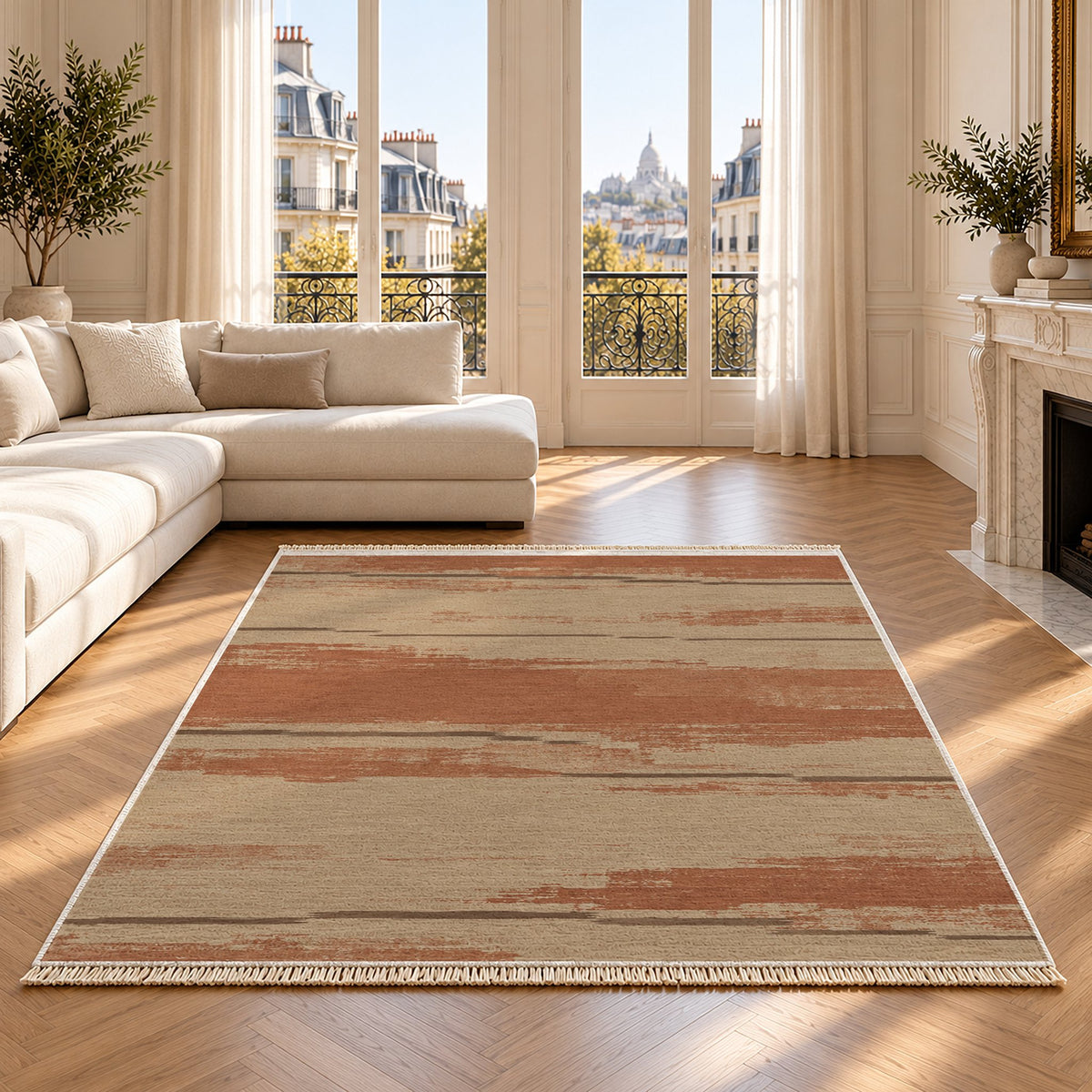 Broken Horizon Sand & Terracotta washable rug on an oak floor