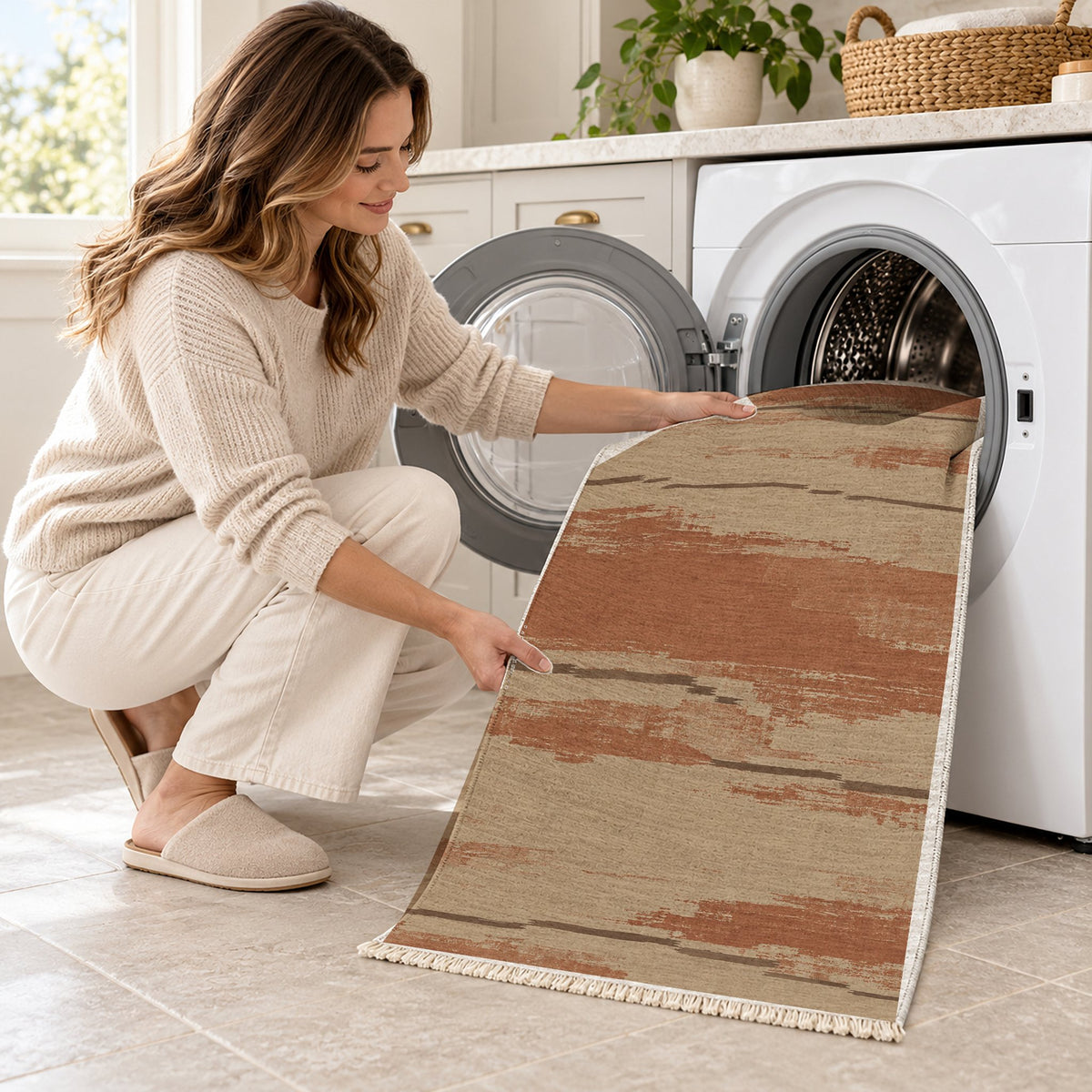 Broken Horizon Sand & Terracotta washable rug being loaded into a washing machine