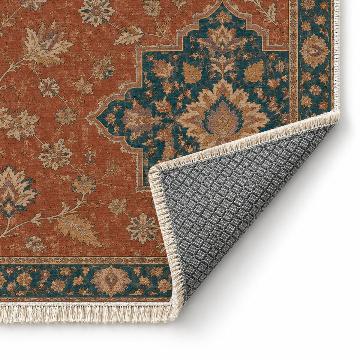 Broken Star Diagonal Brick & Petrol washable rug folded corner showing the backing