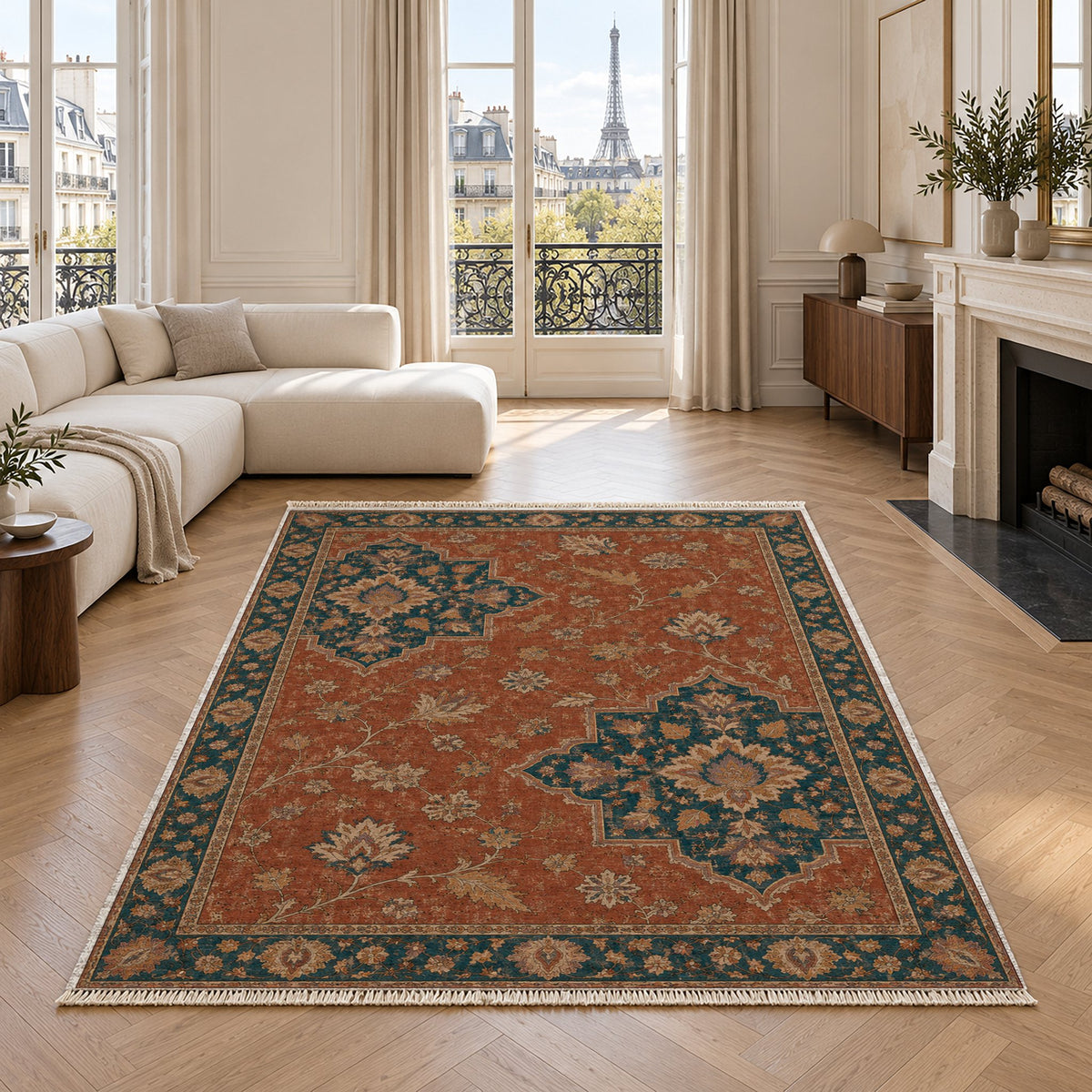 Broken Star Diagonal Brick & Petrol washable rug in a living room with an Eiffel Tower view
