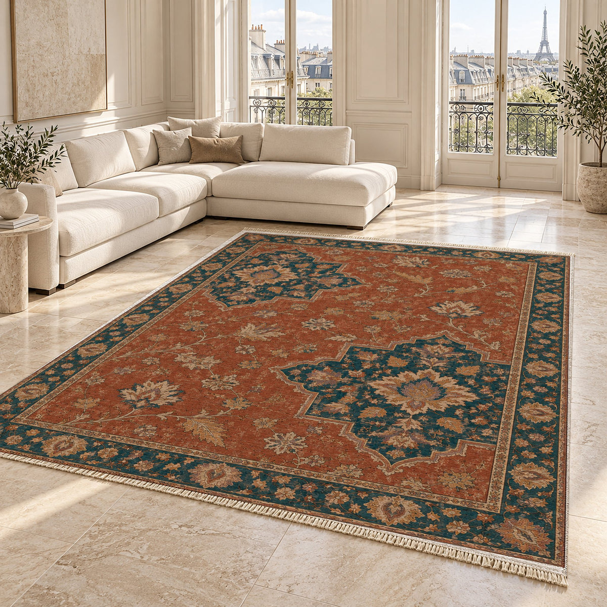 Broken Star Diagonal Brick & Petrol washable rug angled room view on marble