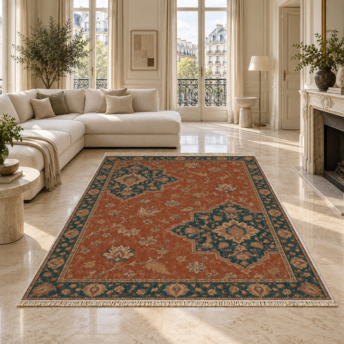 Broken Star Diagonal Brick & Petrol washable rug on a marble floor