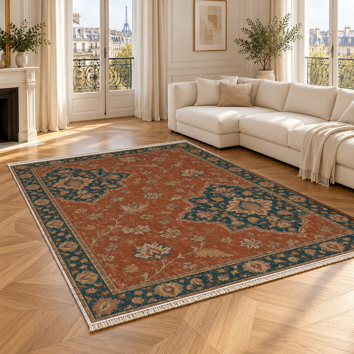Broken Star Diagonal Brick & Petrol washable rug angled room view