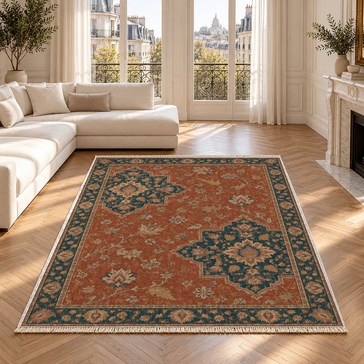 Broken Star Diagonal Brick & Petrol washable rug in a Paris living room