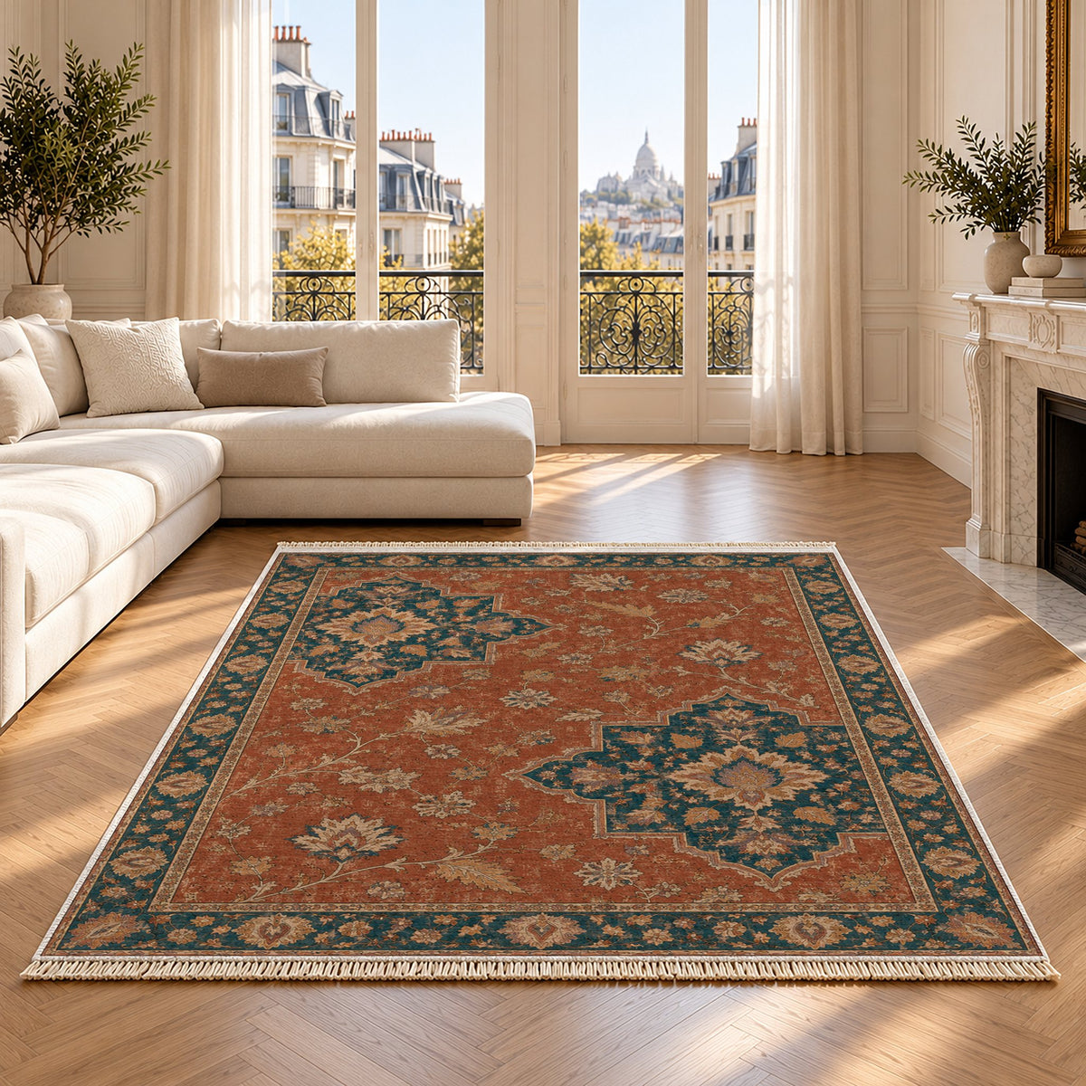 Broken Star Diagonal Brick & Petrol washable rug on an oak floor