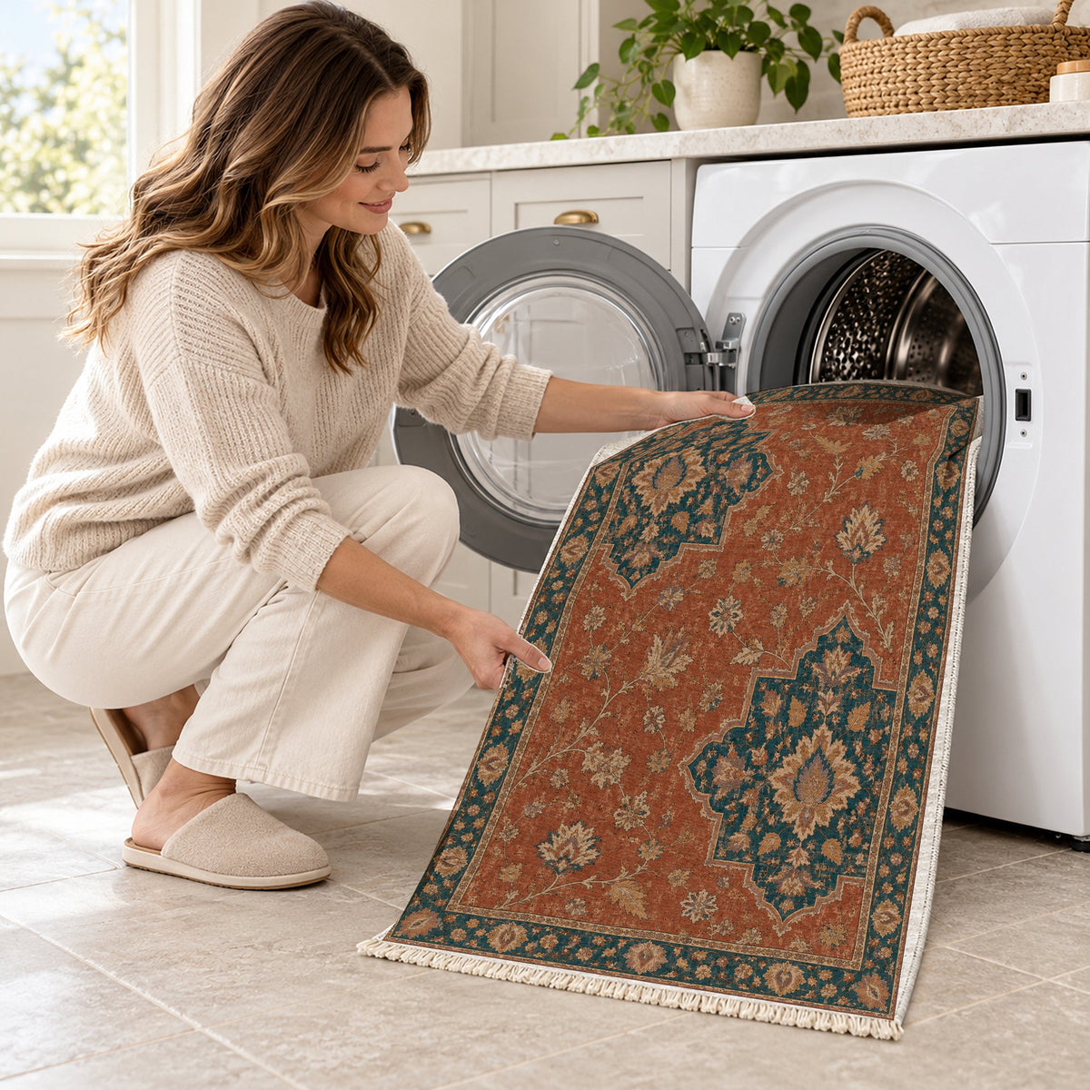 Broken Star Diagonal Brick & Petrol washable rug being loaded into a washing machine