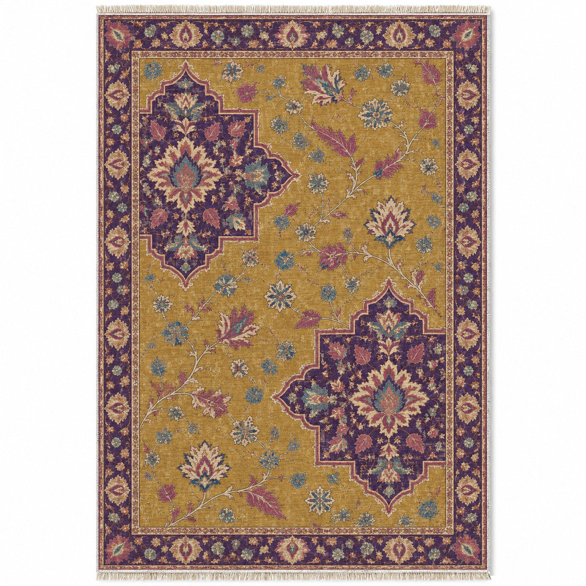 Broken Star Diagonal Golden, Plum & Azure washable rug top view