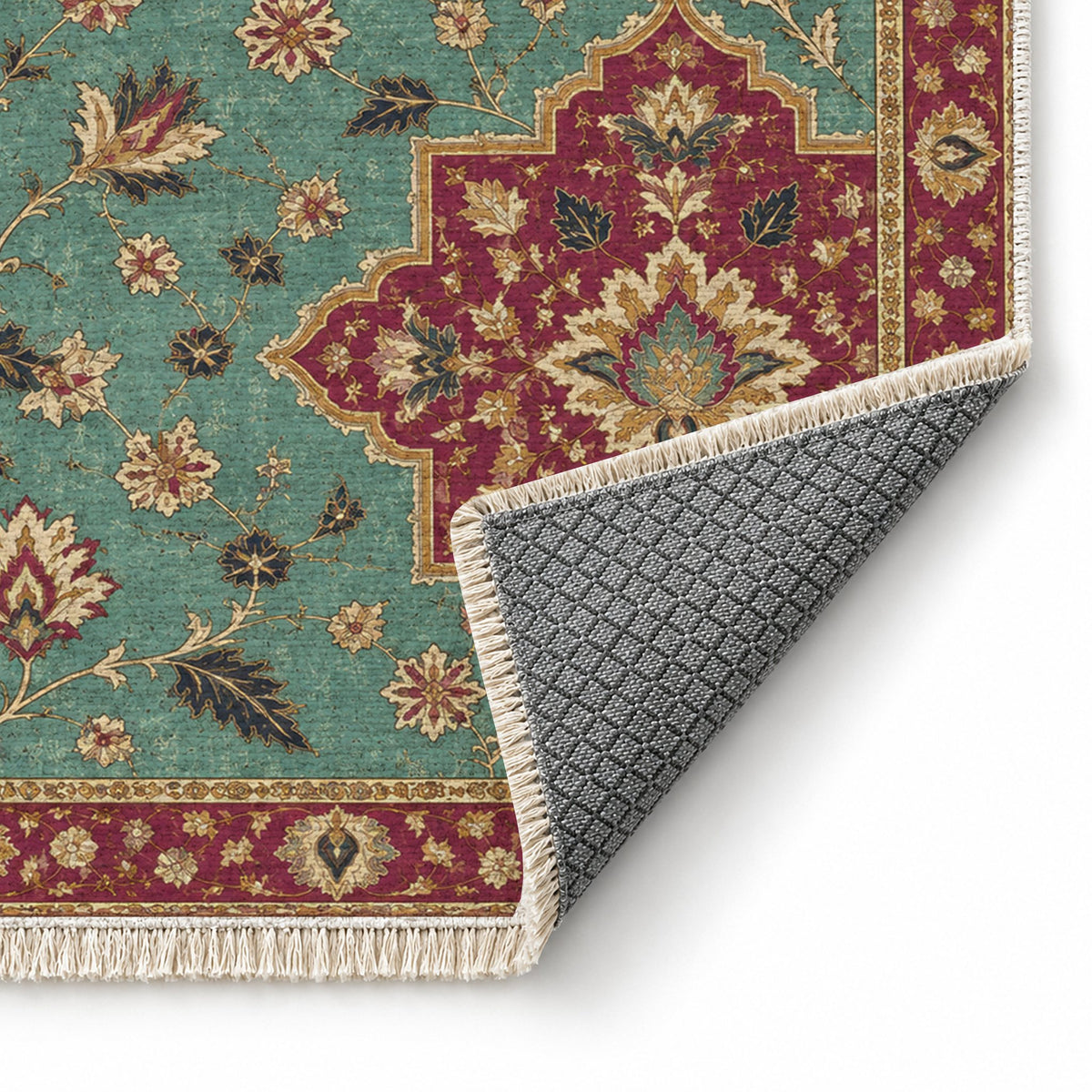 Broken Star Diagonal Lagoon & Berry washable rug folded corner showing the backing