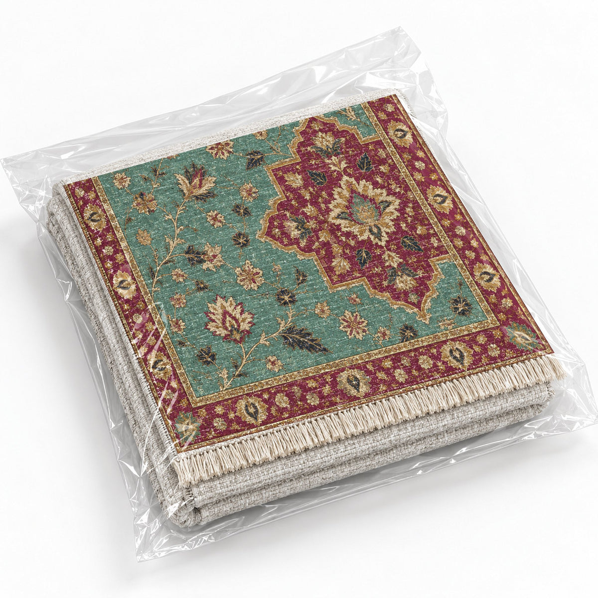 Broken Star Diagonal Lagoon & Berry washable rug rolled and packaged