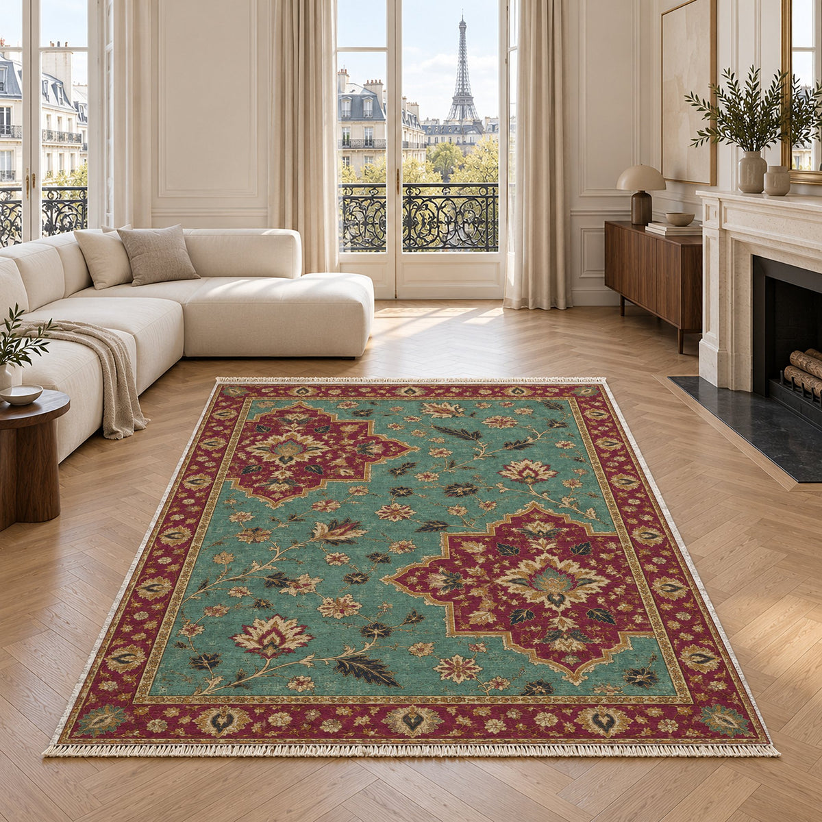 Broken Star Diagonal Lagoon & Berry washable rug in a living room with an Eiffel Tower view