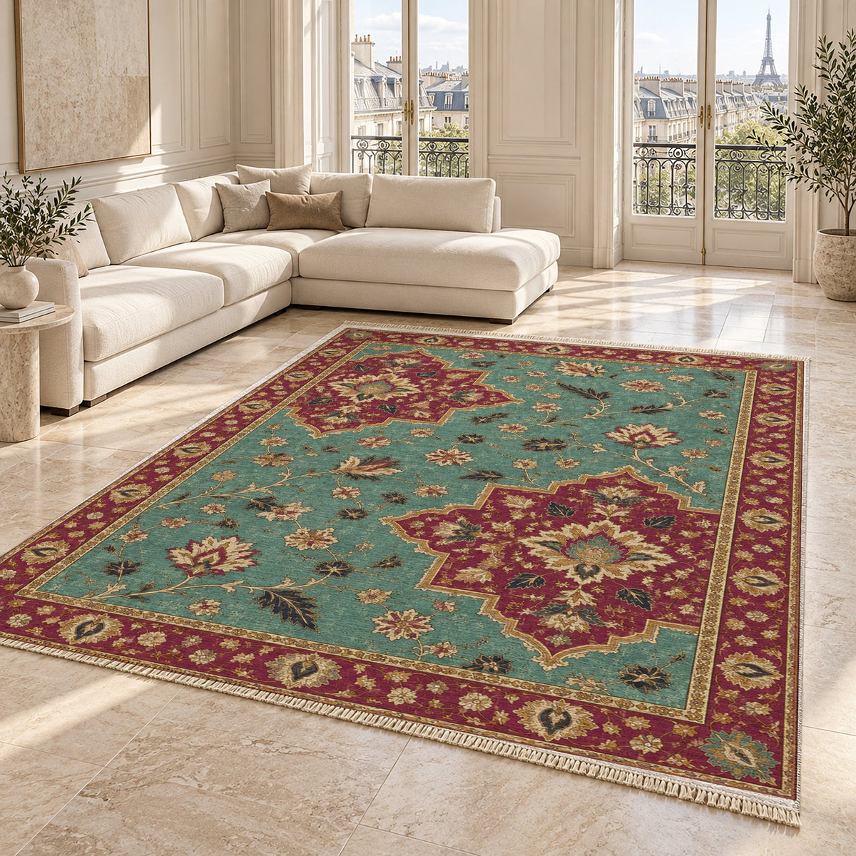 Broken Star Diagonal Lagoon & Berry washable rug angled room view on marble