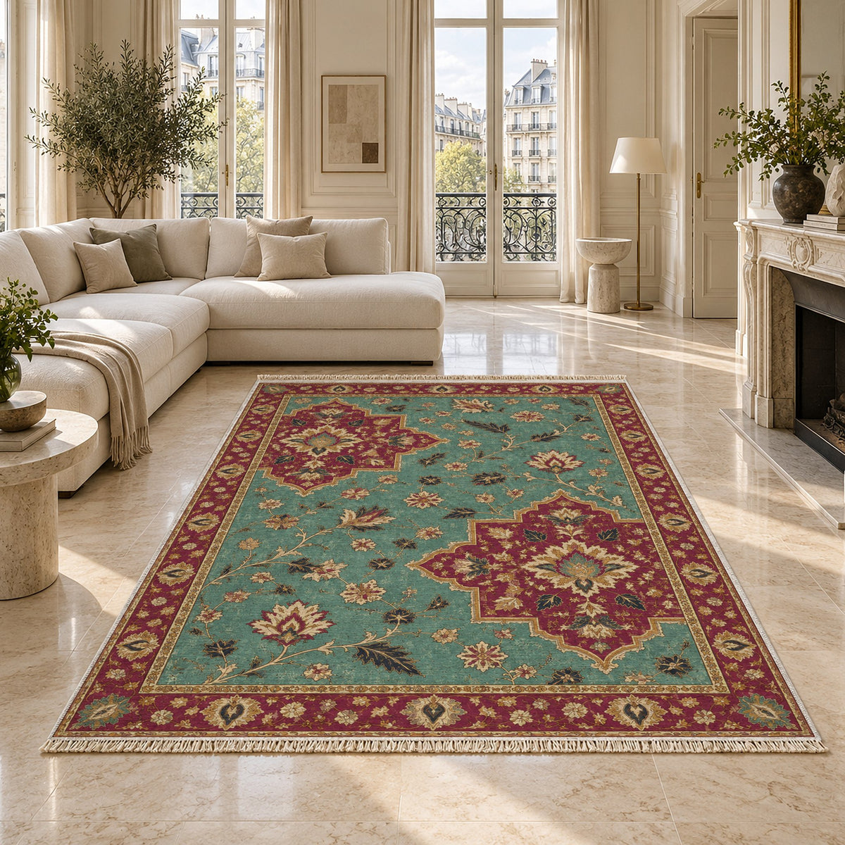 Broken Star Diagonal Lagoon & Berry washable rug on a marble floor