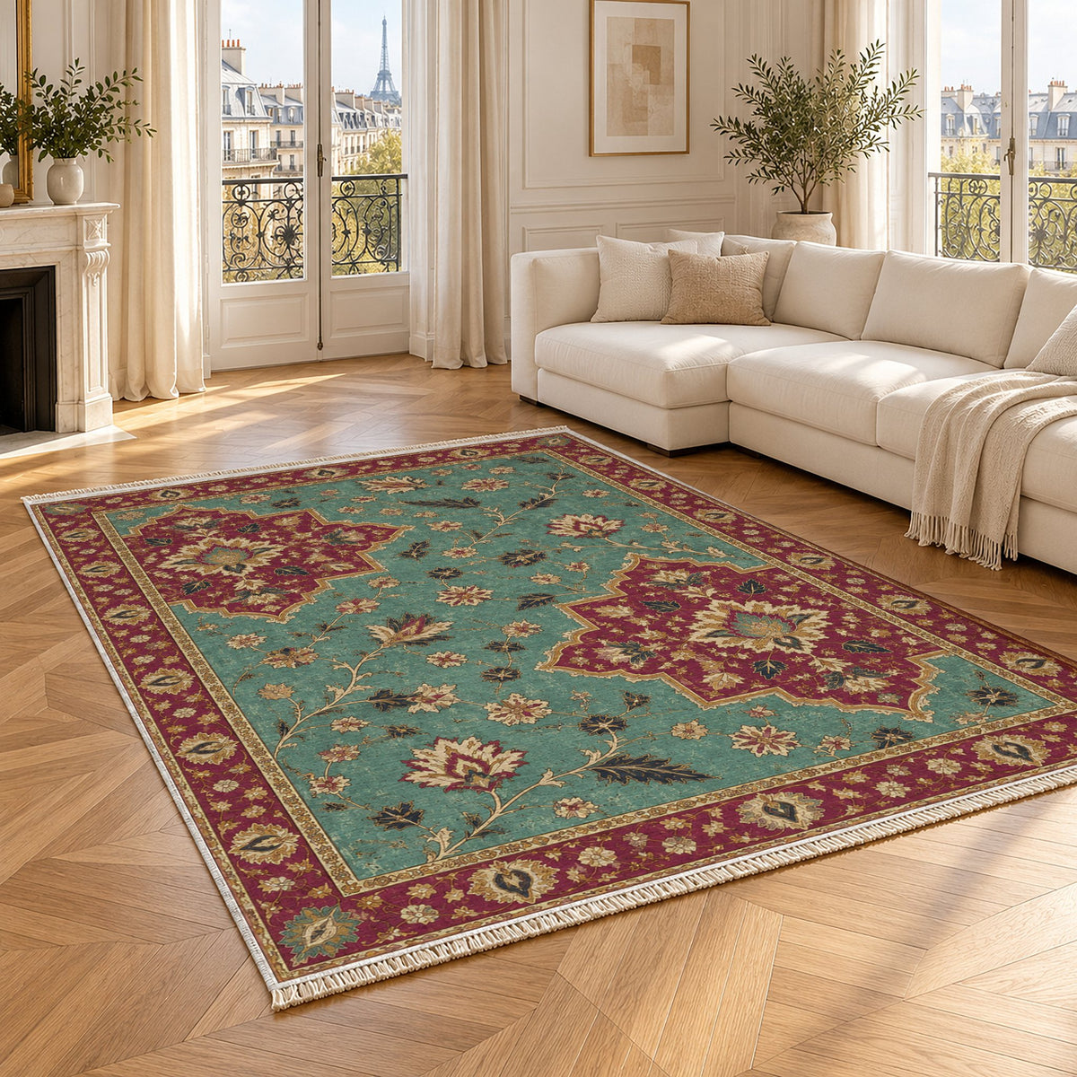 Broken Star Diagonal Lagoon & Berry washable rug angled room view