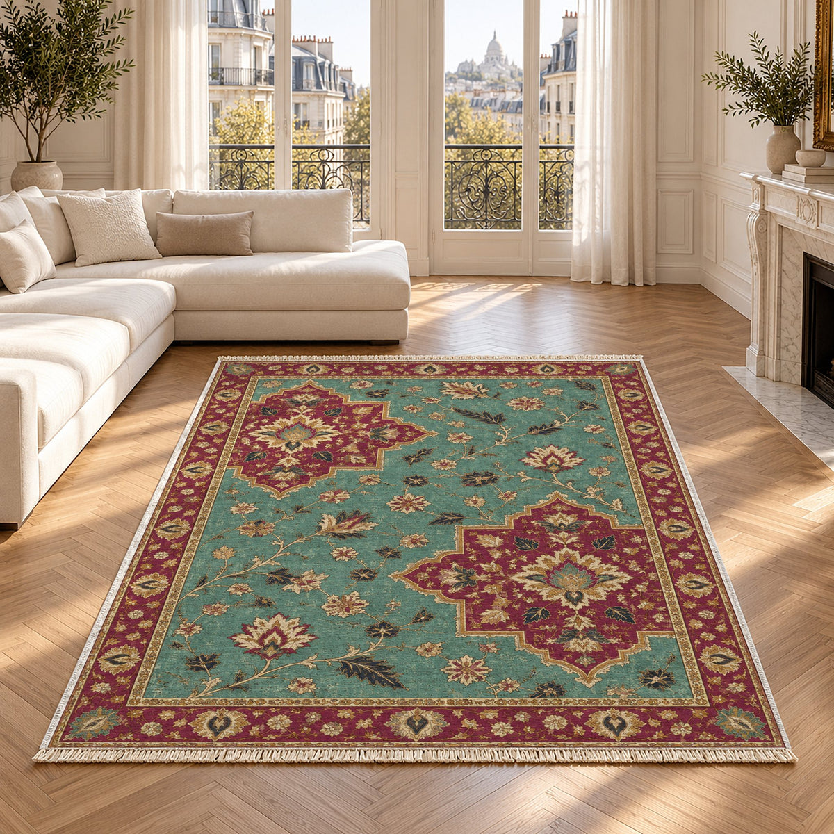 Broken Star Diagonal Lagoon & Berry washable rug in a Paris living room